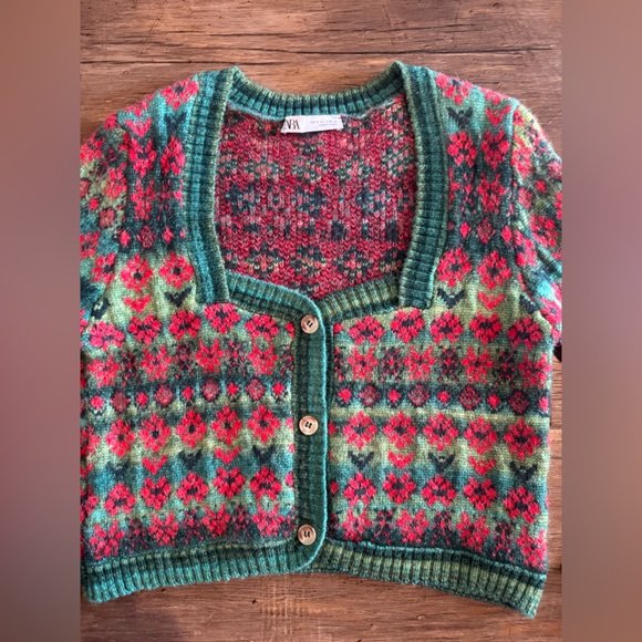 Zara Floral Jacquard Knit Cropped Long Sleeve Button Front Cardigan Sz Sm EUC - Picture 5 of 9